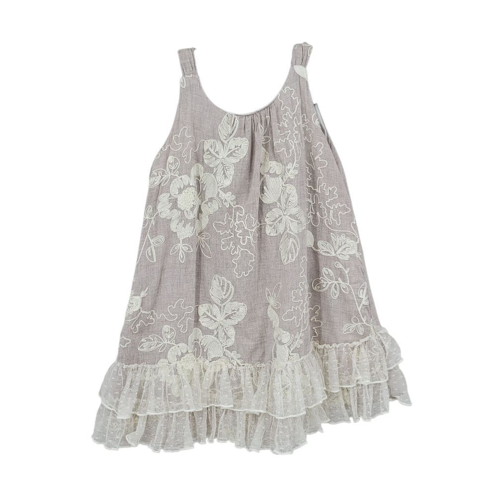 Krazy Kat Dress Taupe with Cream Floral Embroidery and Lace  Ruffle Hem
